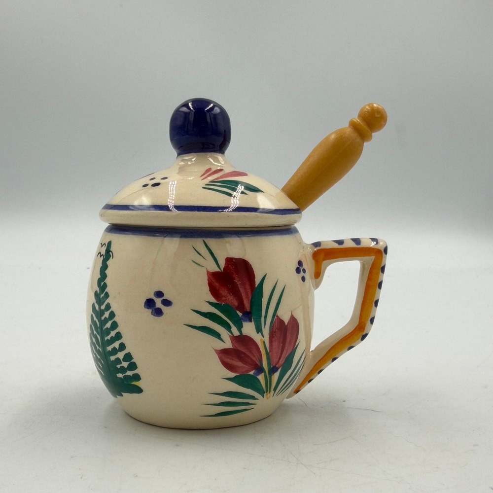 HB Quimper France Mustard Pot Lidded Jar Breton Peasant Spoon Faience
